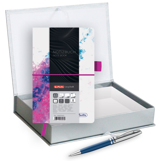 Set poklon notes Herlitz  A5 crte s gumicom pink/plava + olovka kemijska Pelikan velvet plava!!